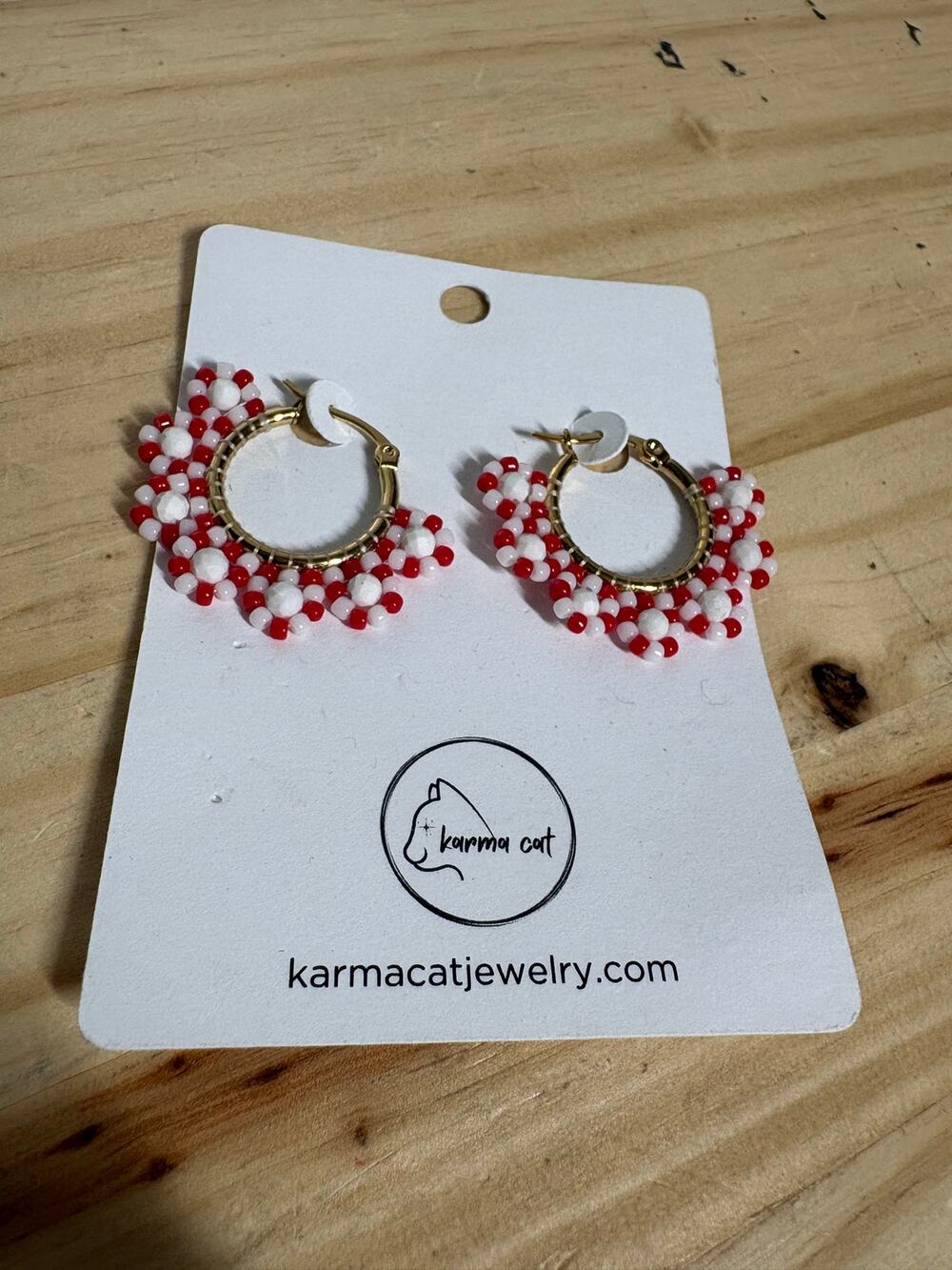 Karma Cat Red & White Beaded Hoops Lead & Nickel Free Earrings Boho Fashion